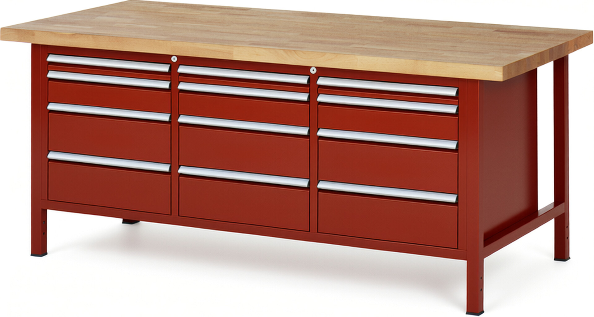 Werkbank Modell 8580 rot, BxTxH 2000x900x840 mm,  Buche-Massiv Arbeitsplatte 40 mm,  12 Schubladen mit  Vollauszug 100 % und  SoftClosing