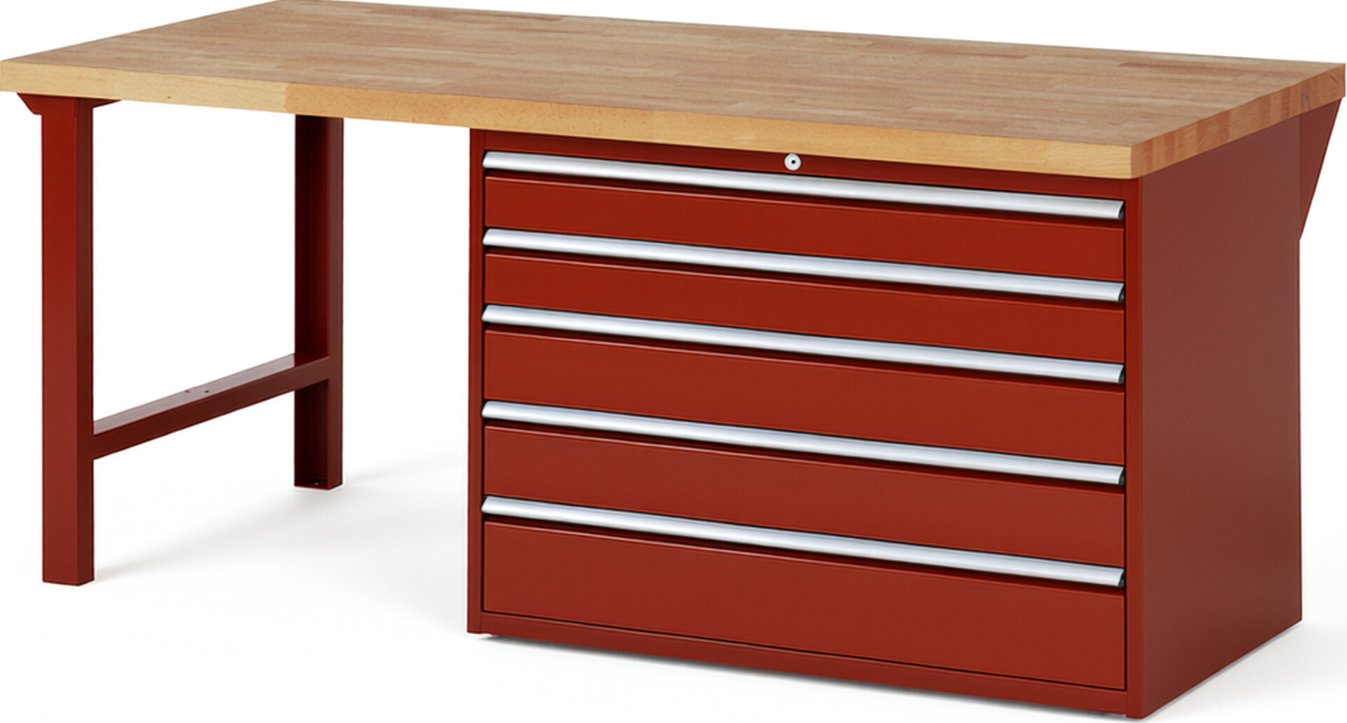 Werkbank Modell 7713 rot, BxTxH 2000x900x890 mm,  Buche-Massiv Arbeitsplatte 40 mm,  5 Schubladen mit  Vollauszug 100 % und  SoftClosing