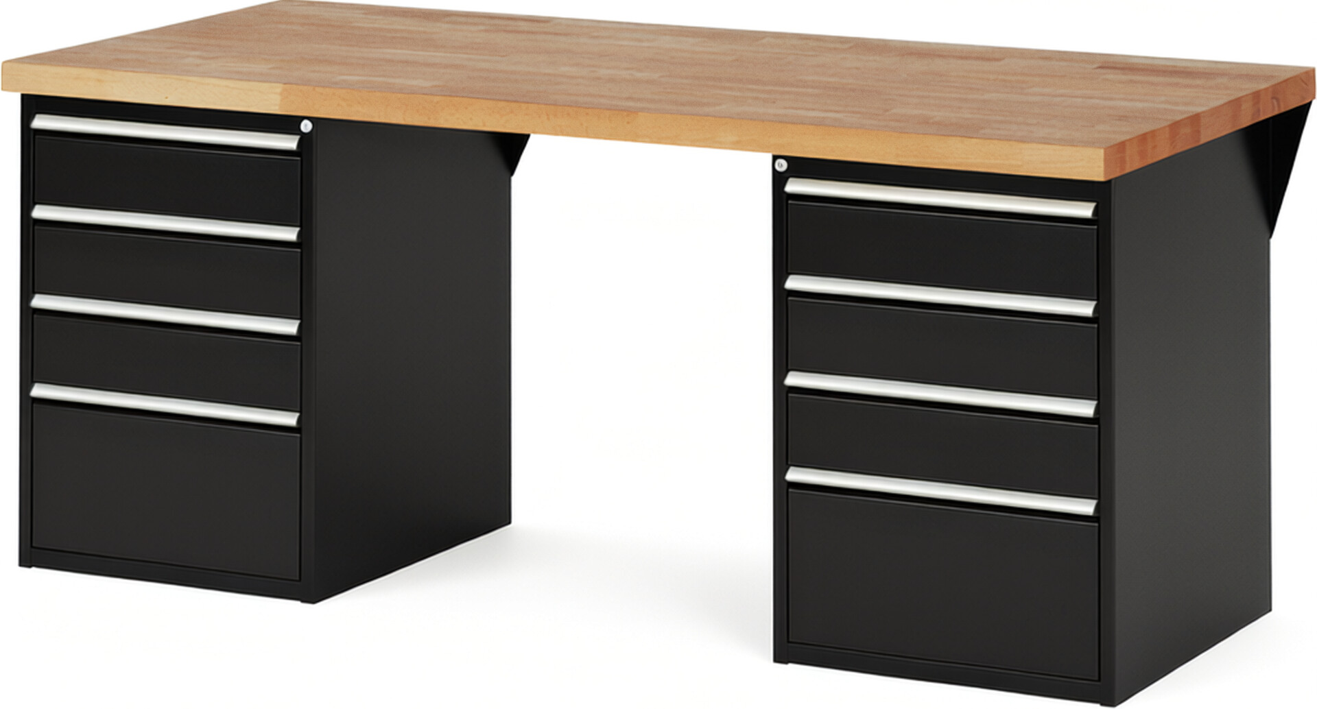 Werkbank Modell 7510 schwarz, BxTxH 2000x900x890 mm,  Buche-Massiv Arbeitsplatte 40 mm,  8 Schubladen mit  Auszug 90 %