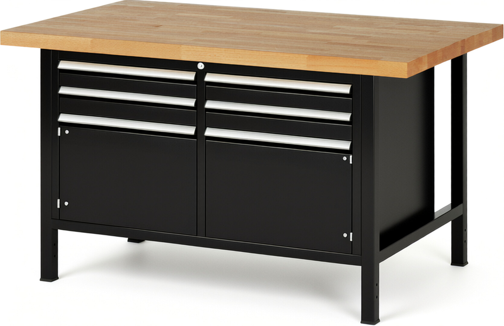 Werkbank Modell 8469 schwarz, BxTxH 1500x900x840-1040 mm,  Buche-Massiv Arbeitsplatte 40 mm,  4 Schubladen mit  Auszug 90 %