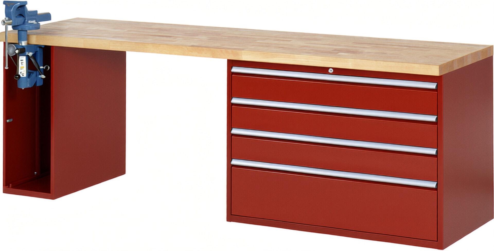 Werkbank Modell 7710 rot, BxTxH 2500x700x840 mm,  Buche-Massiv Arbeitsplatte 40 mm,  4 Schubladen mit  Auszug 90 %