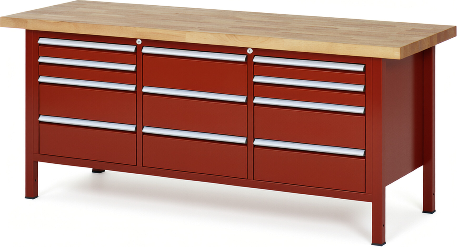 Werkbank Modell 8577 rot, BxTxH 2000x700x840 mm,  Buche-Massiv Arbeitsplatte 40 mm,  11 Schubladen mit  Vollauszug 100 % und  SoftClosing
