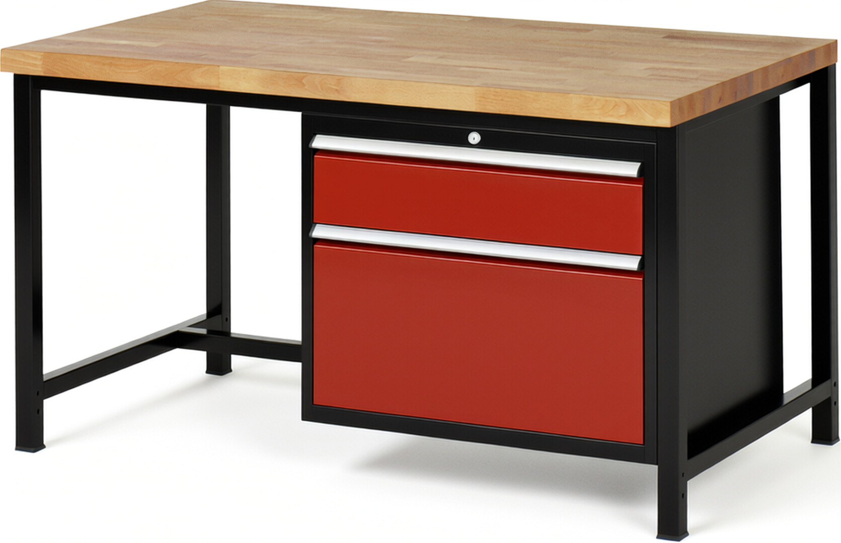 RAU Werkbank schwarz - rot - Breite 150 cm - Tiefe 90 cm - Höhe 104 cm - Buche-Massiv Arbeitsplatte 40 mm