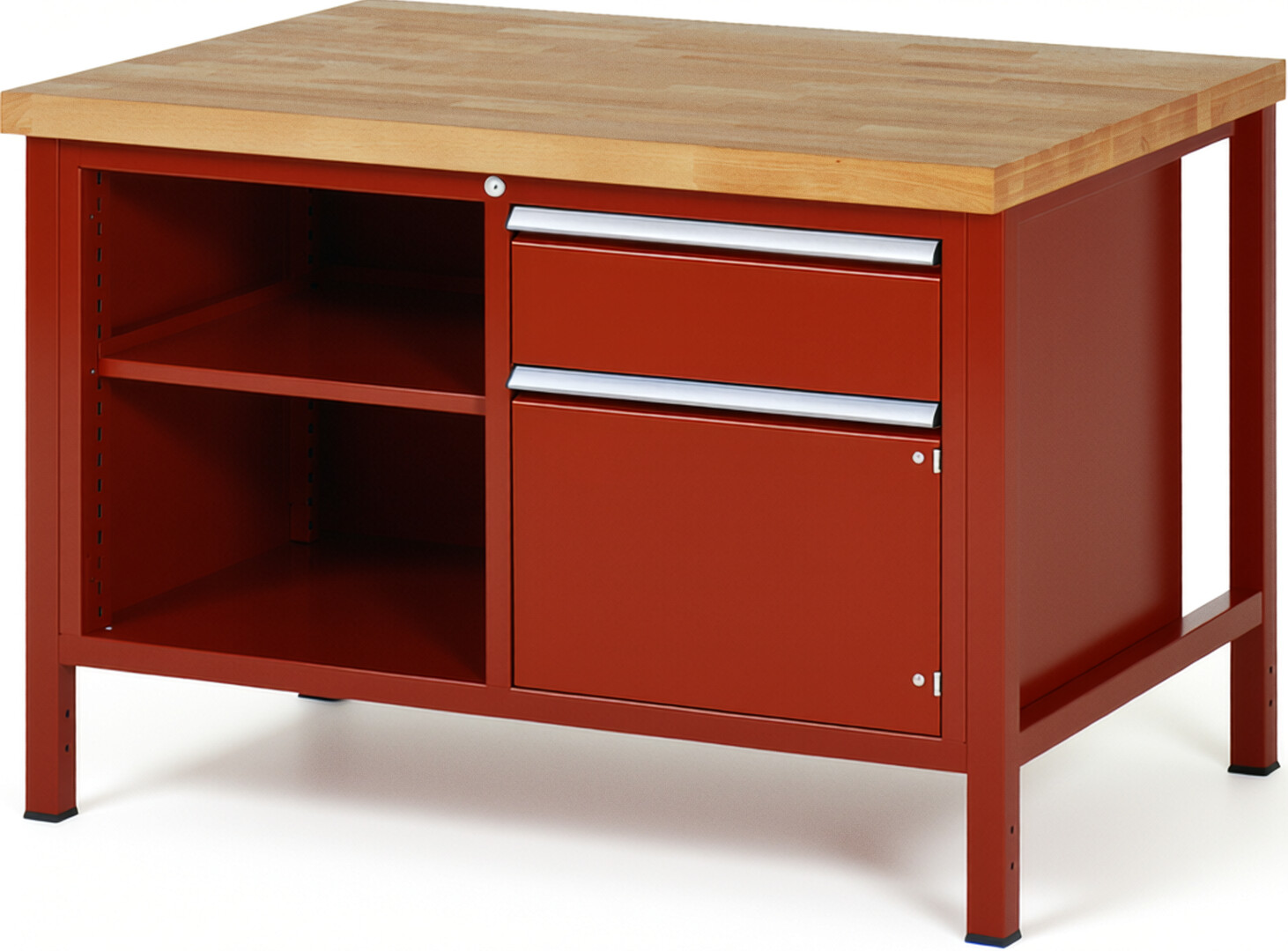 Werkbank Modell 8461 rot, BxTxH 1250x900x840 mm,  Buche-Massiv Arbeitsplatte 40 mm,  1 Schublade mit  Vollauszug 100 % und  SoftClosing