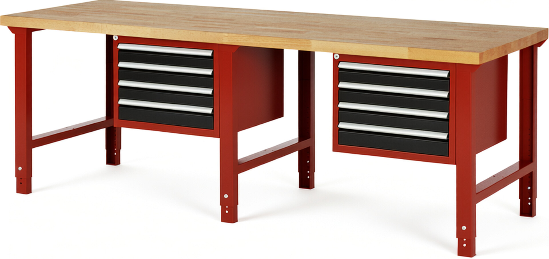 Werkbank Modell 7133 rot - schwarz, BxTxH 2500x900x790-1140 mm,  Buche-Massiv Arbeitsplatte 40 mm,  8 Schubladen mit  Vollauszug 100 % und  SoftClosing