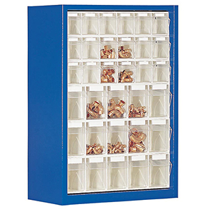 Kleinteilemagazin - Hängeschrank, BxTxH 665x250x910 mm, 33 Kästen, 18xGr. 6, 15xGr. 5, RAL 5010 enzianblau