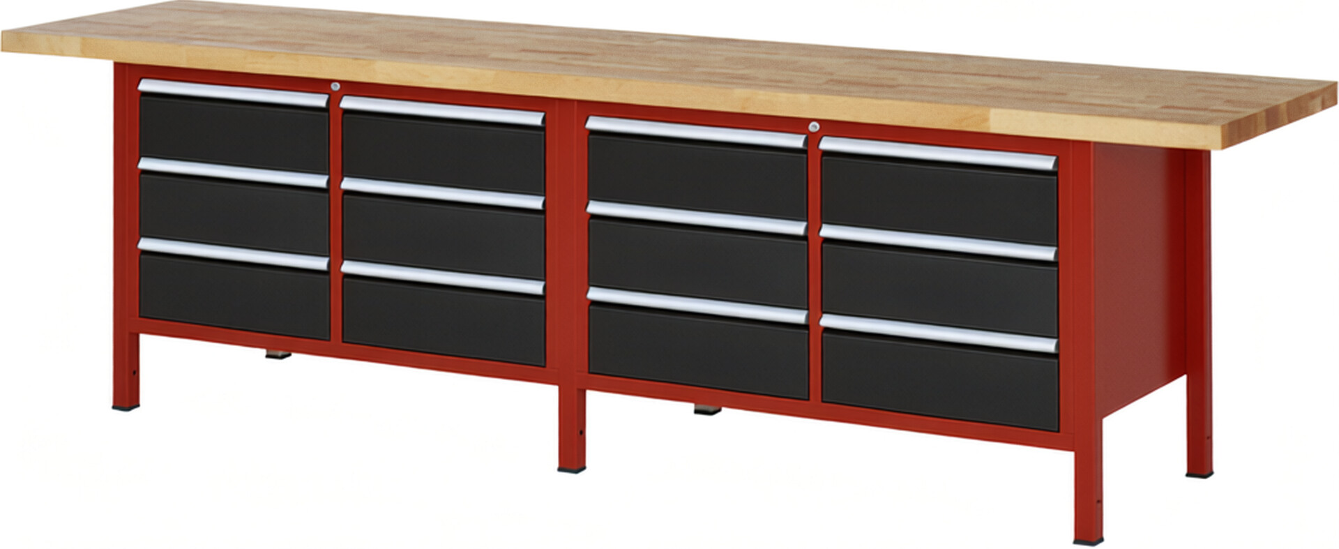 Werkbank Modell 8473 rot - schwarz, BxTxH 3000x700x840 mm,  Buche-Massiv Arbeitsplatte 40 mm,  12 Schubladen mit  Auszug 90 %