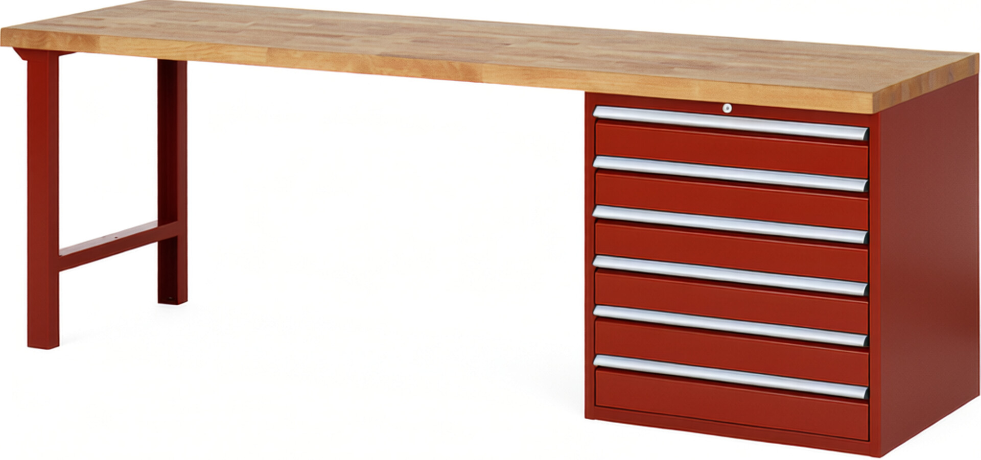 Werkbank Modell 7616 rot, BxTxH 2500x700x890 mm,  Buche-Massiv Arbeitsplatte 40 mm,  6 Schubladen mit  Auszug 90 %