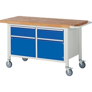 Fahrbare Werkbank, BxTxH 1500x700x880 mm, 2 Schubladen 180 mm, 2 Türen 360 mm, RAL7035/RAL5010