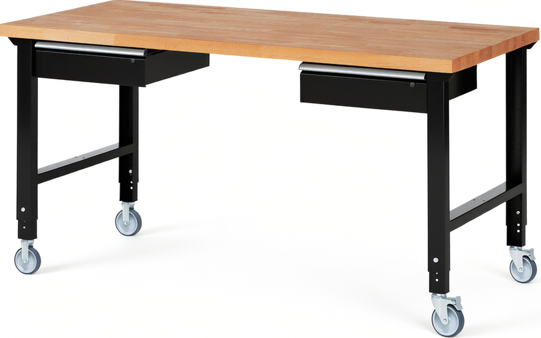 Fahrbare Werkbank Modell 7002 schwarz, BxTxH 2000x900x950-1000 mm,  Buche-Massiv Arbeitsplatte 40 mm,  2 Schubladen mit  Auszug 90 %