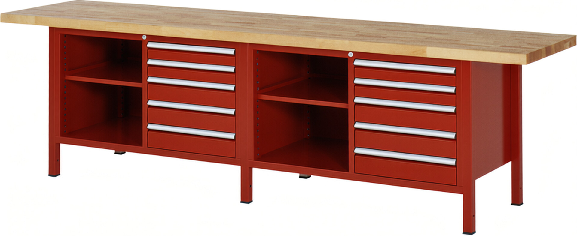 Werkbank Modell 8464 rot, BxTxH 3000x700x840-1040 mm,  Buche-Massiv Arbeitsplatte 40 mm,  10 Schubladen mit  Vollauszug 100 % und  SoftClosing