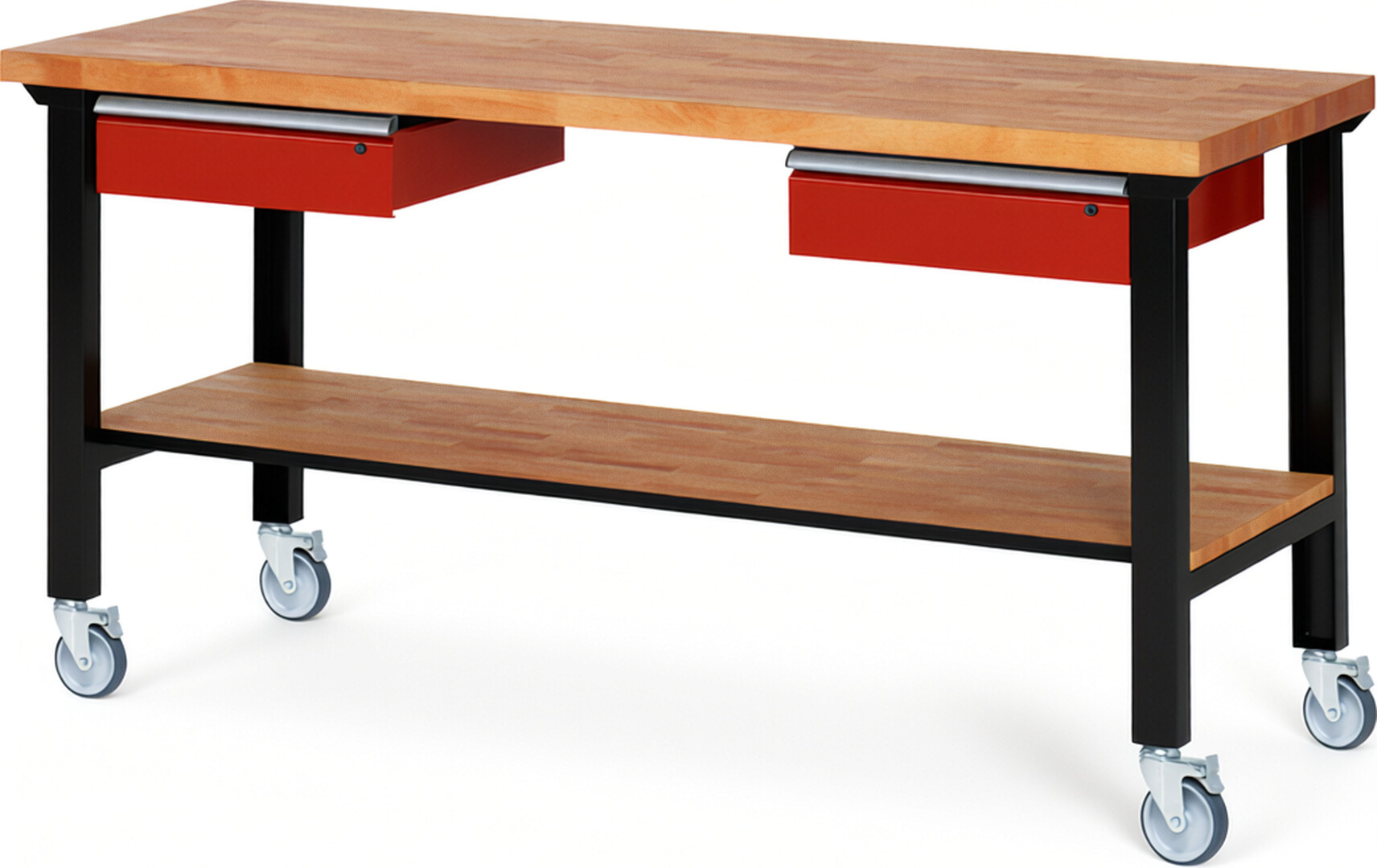 RAU Werkbank schwarz - rot - Breite 200 cm - Tiefe 70 cm - Höhe 100 cm - Buche-Massiv Arbeitsplatte 40 mm