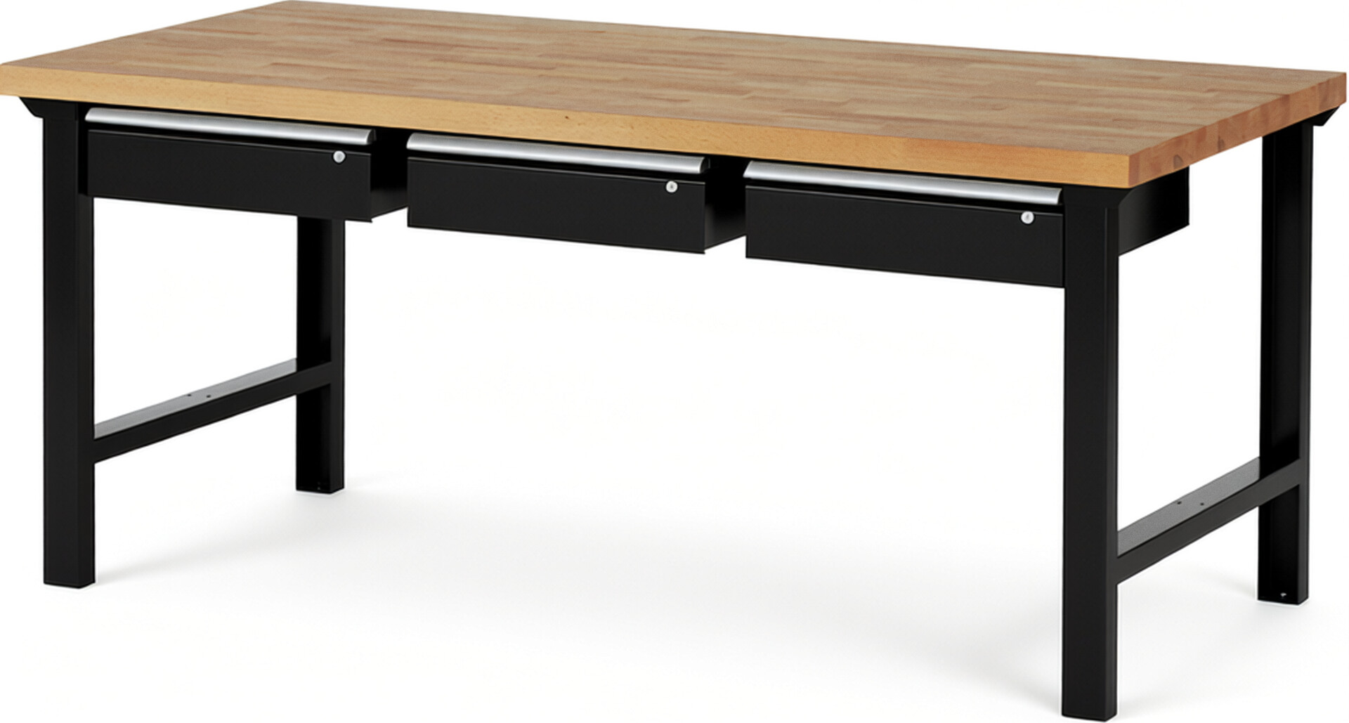 Werkbank Modell 7003 schwarz, BxTxH 2000x900x840 mm,  Buche-Massiv Arbeitsplatte 40 mm,  3 Schubladen mit  Auszug 90 %