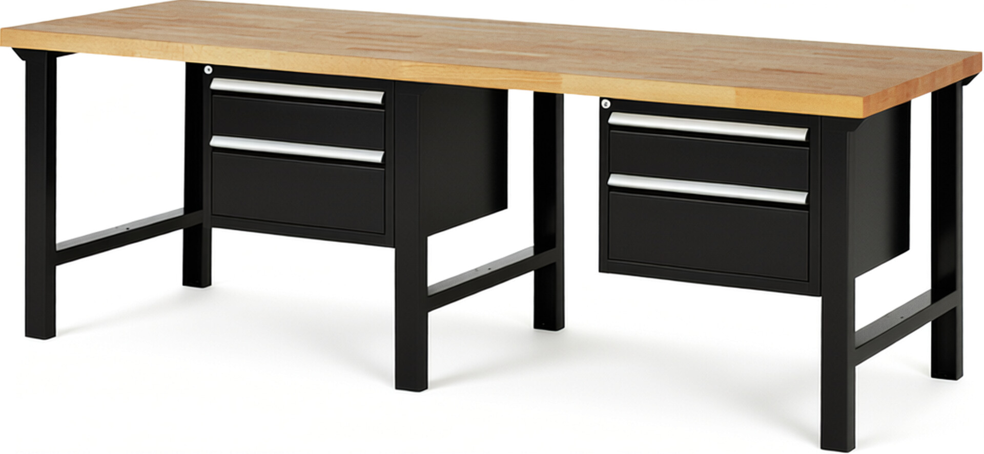 Werkbank Modell 7123 schwarz, BxTxH 2500x900x840 mm,  Buche-Massiv Arbeitsplatte 40 mm,  4 Schubladen mit  Auszug 90 %