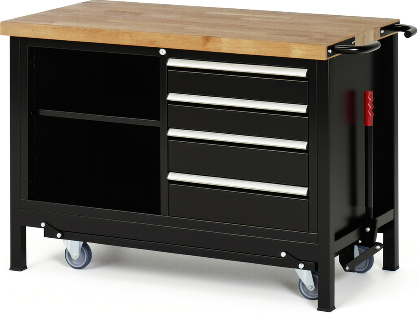 Absenkbare Werkbank Modell 8463 schwarz, BxTxH 1250x700x880 mm,  Buche-Massiv Arbeitsplatte 40 mm,  4 Schubladen mit  Auszug 90 %
