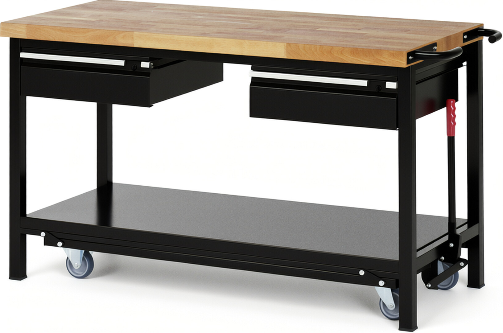 Absenkbare Werkbank - Modell 8002 BASIC schwarz, BxTxH 1500x700x880 mm,  Buche-Massiv Arbeitsplatte 40 mm,  2 Schubladen mit  Auszug 90 %
