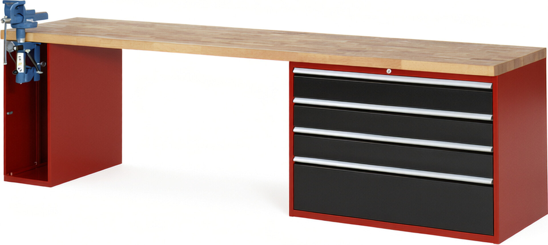 Werkbank Modell 7710 rot - schwarz, BxTxH 3000x700x890 mm,  Buche-Massiv Arbeitsplatte 40 mm,  4 Schubladen mit  Auszug 90 %