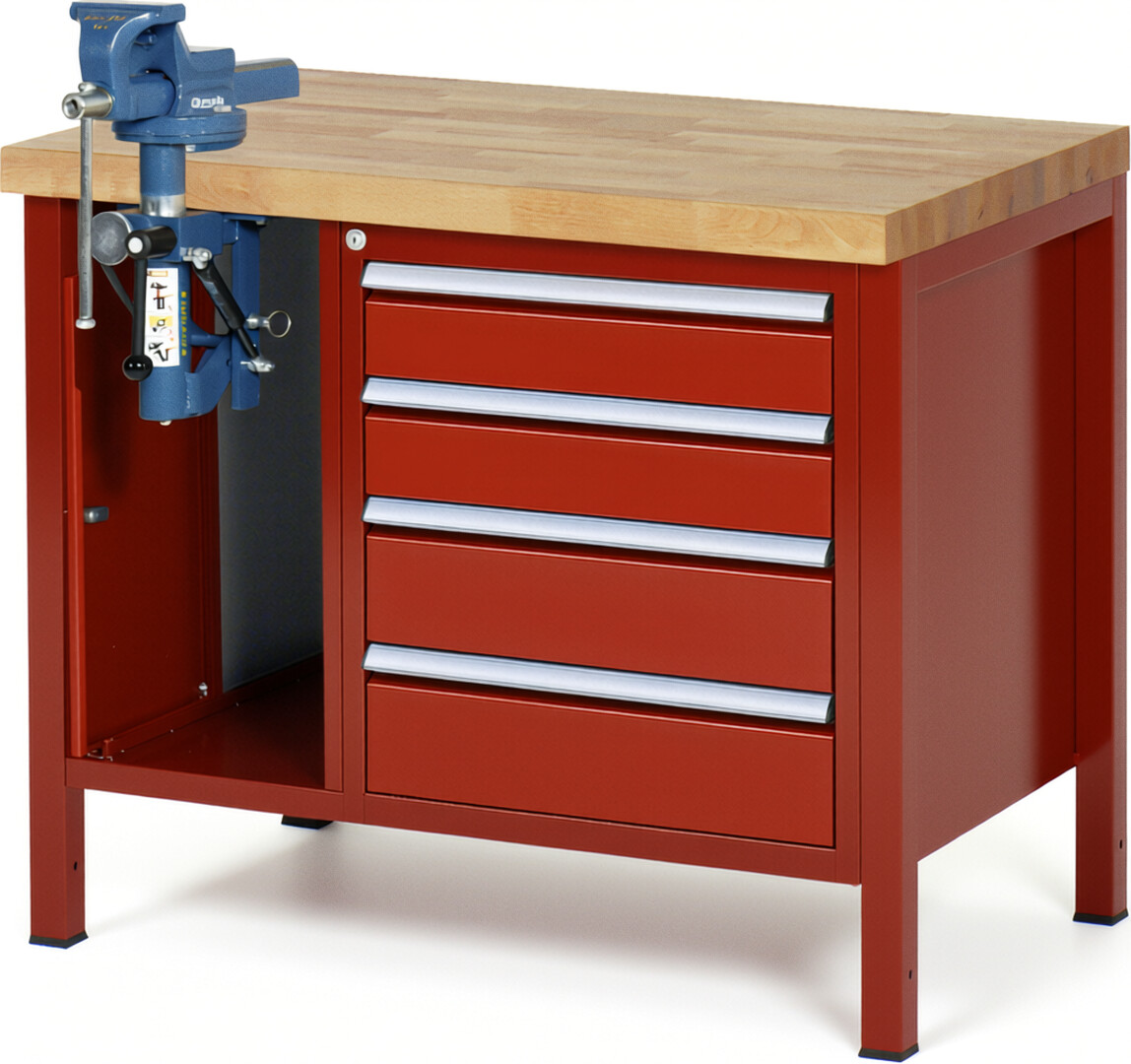 Werkbank Modell 8185 rot, BxTxH 1000x700x840-1040 mm,  Buche-Massiv Arbeitsplatte 40 mm,  4 Schubladen mit  Auszug 90 %