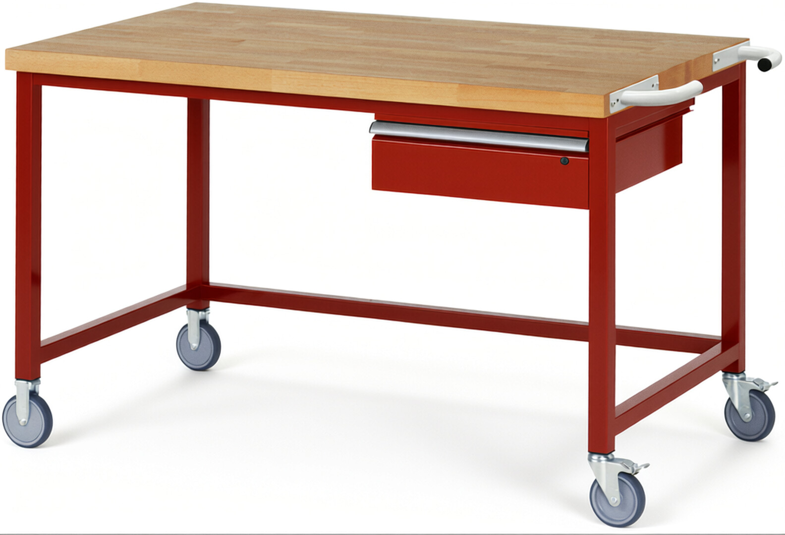Fahrbare Werkbank Modell 8001 rot, BxTxH 1500x900x880-1080 mm,  Buche-Massiv Arbeitsplatte 40 mm,  1 Schublade mit  Auszug 90 %