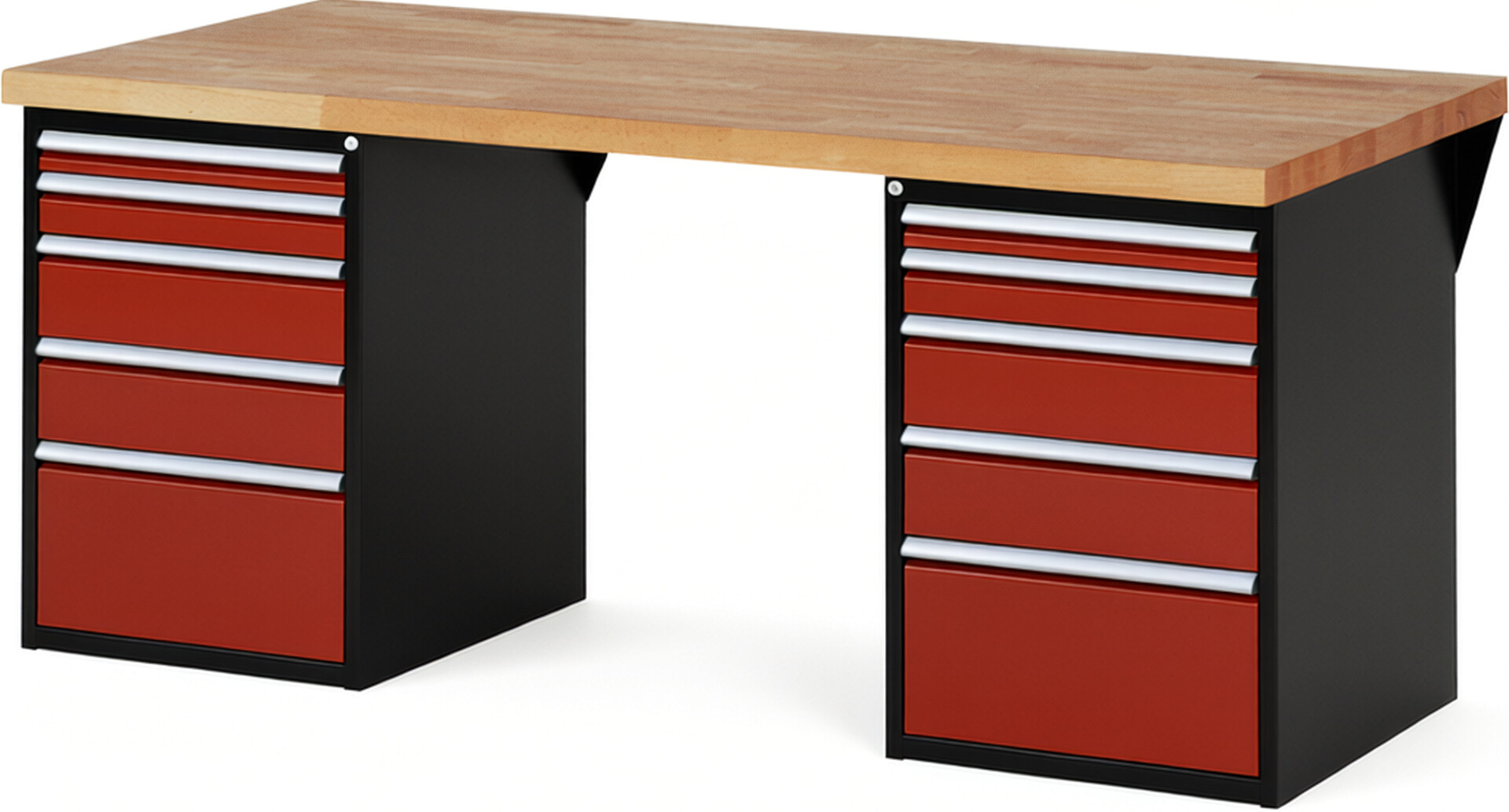 RAU Werkbank schwarz - rot - Breite 200 cm - Tiefe 90 cm - Höhe 89 cm - Buche-Massiv Arbeitsplatte 40 mm