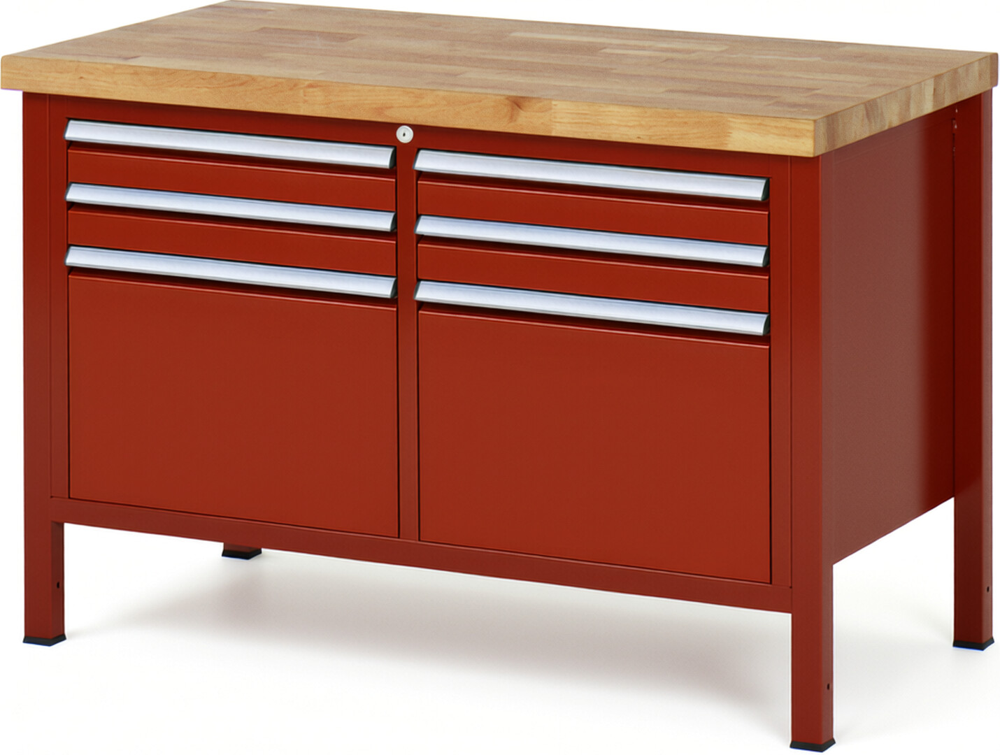 Werkbank Modell 8474 rot, BxTxH 1250x700x840 mm,  Buche-Massiv Arbeitsplatte 40 mm,  6 Schubladen mit  Vollauszug 100 % und  SoftClosing