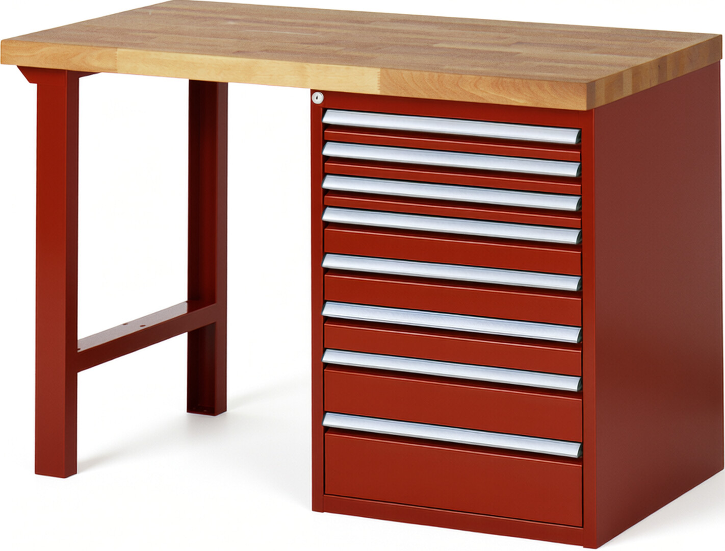 Werkbank Modell 7519 rot, BxTxH 1250x700x890 mm,  Buche-Massiv Arbeitsplatte 40 mm,  8 Schubladen mit  Auszug 90 %