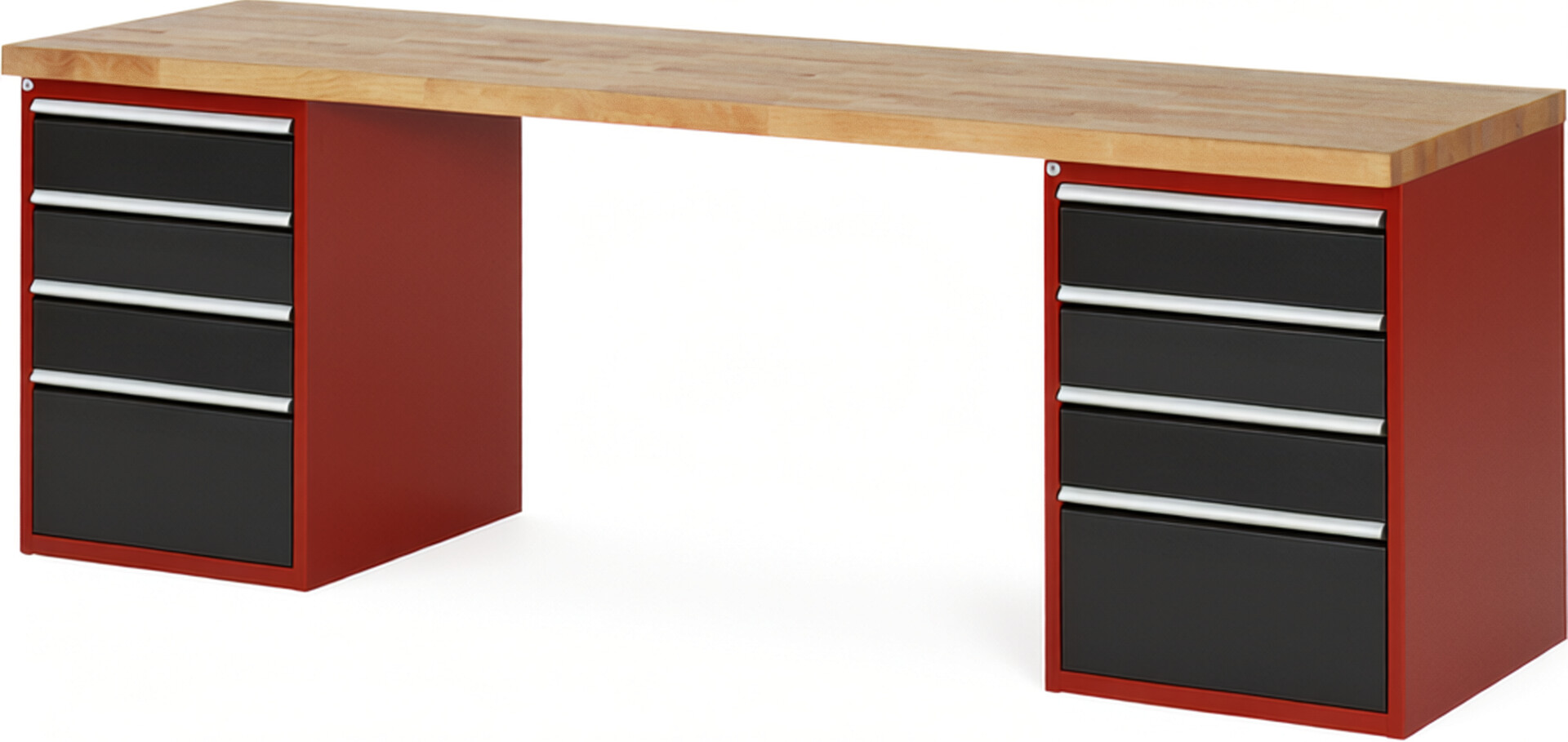 Werkbank Modell 7510 rot - schwarz, BxTxH 2500x700x890 mm,  Buche-Massiv Arbeitsplatte 40 mm,  8 Schubladen mit  Auszug 90 %