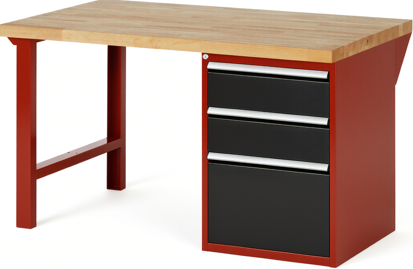 Werkbank Modell 7507 rot - schwarz, BxTxH 1500x900x890 mm,  Buche-Massiv Arbeitsplatte 40 mm,  3 Schubladen mit  Vollauszug 100 % und  SoftClosing