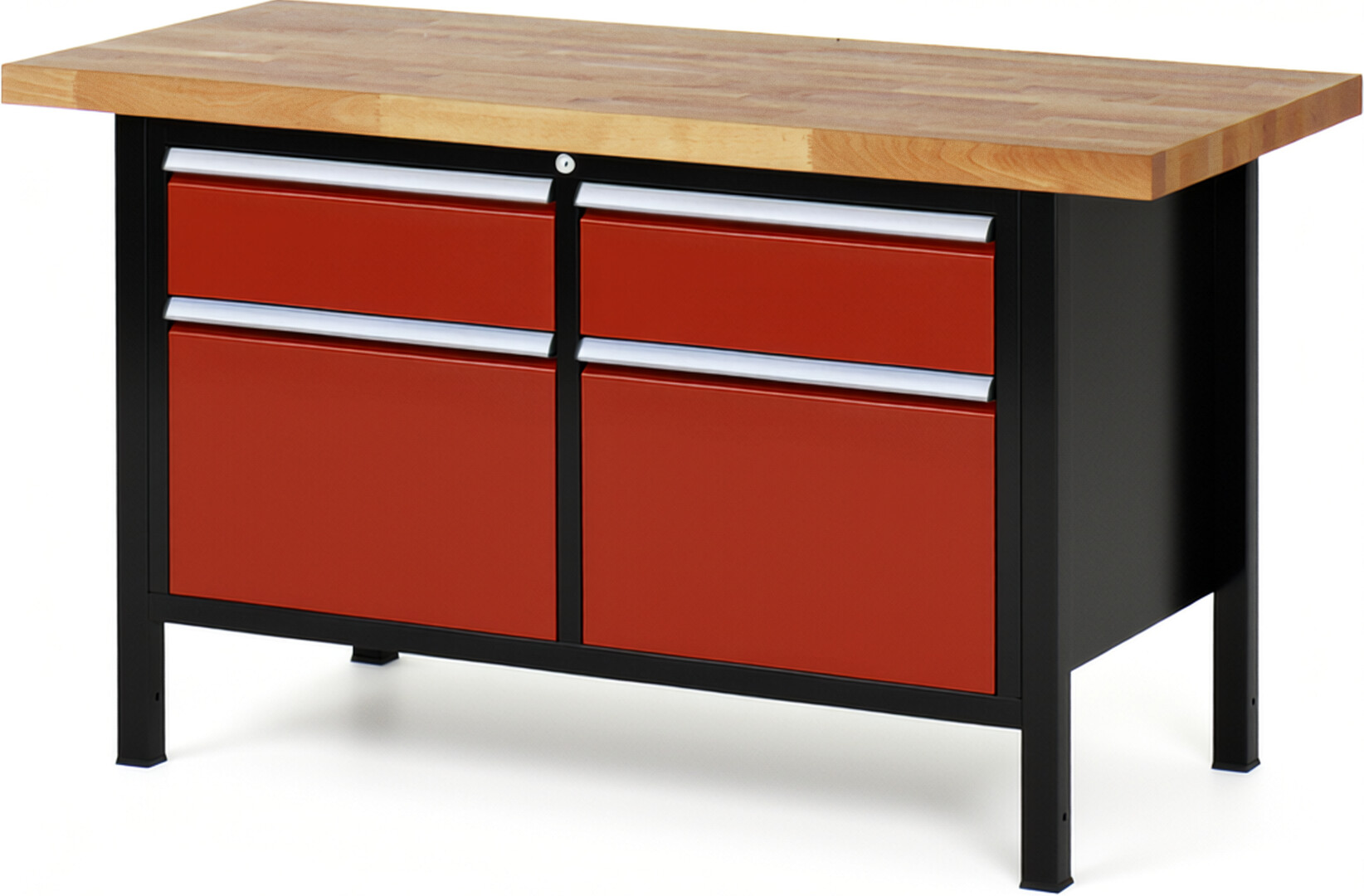 RAU Werkbank schwarz - rot - Breite 150 cm - Tiefe 70 cm - Höhe 104 cm - Buche-Massiv Arbeitsplatte 40 mm