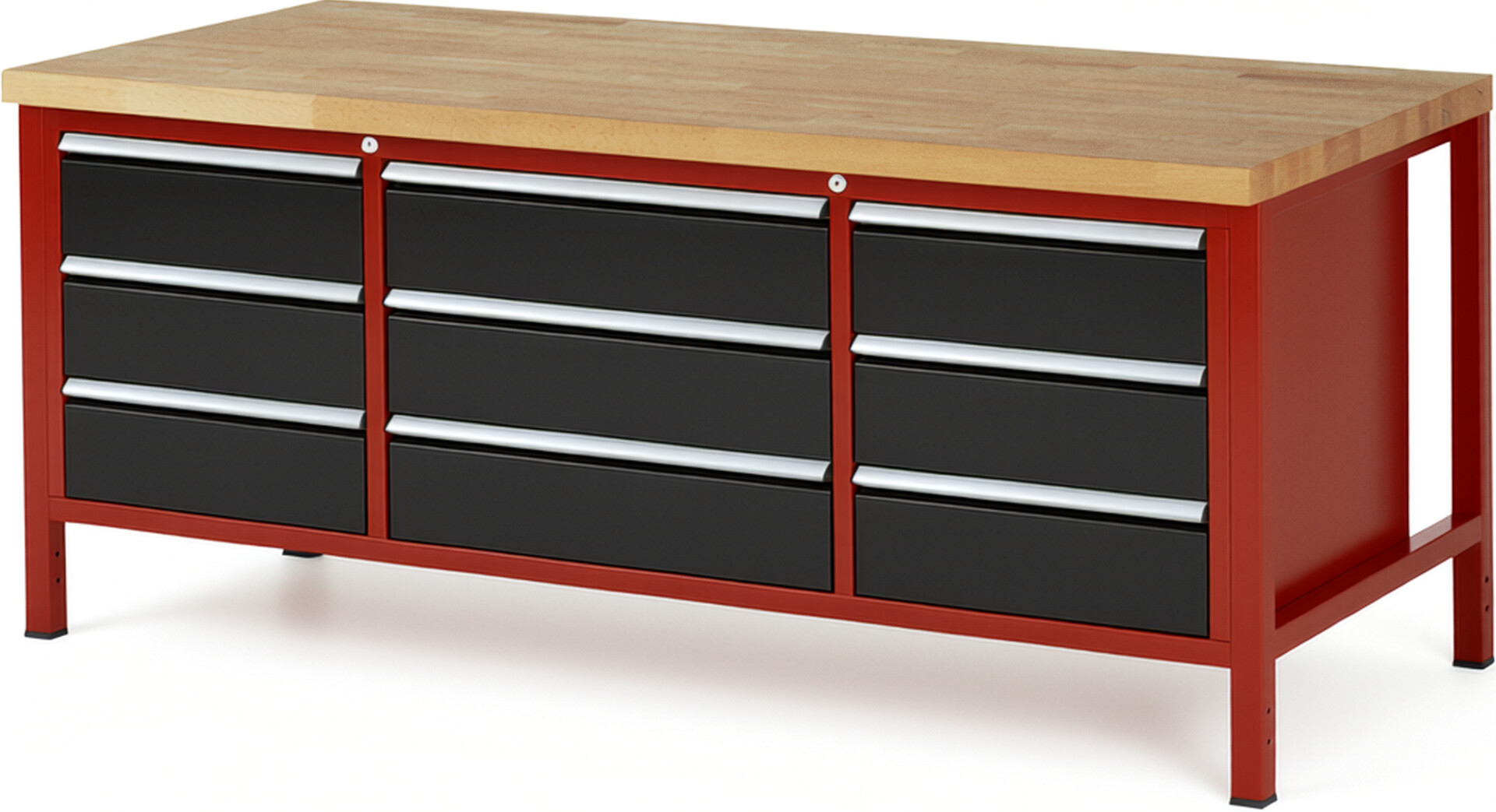 Werkbank Modell 8754 rot - schwarz, BxTxH 2000x900x840 mm,  Buche-Massiv Arbeitsplatte 40 mm,  9 Schubladen mit  Auszug 90 %