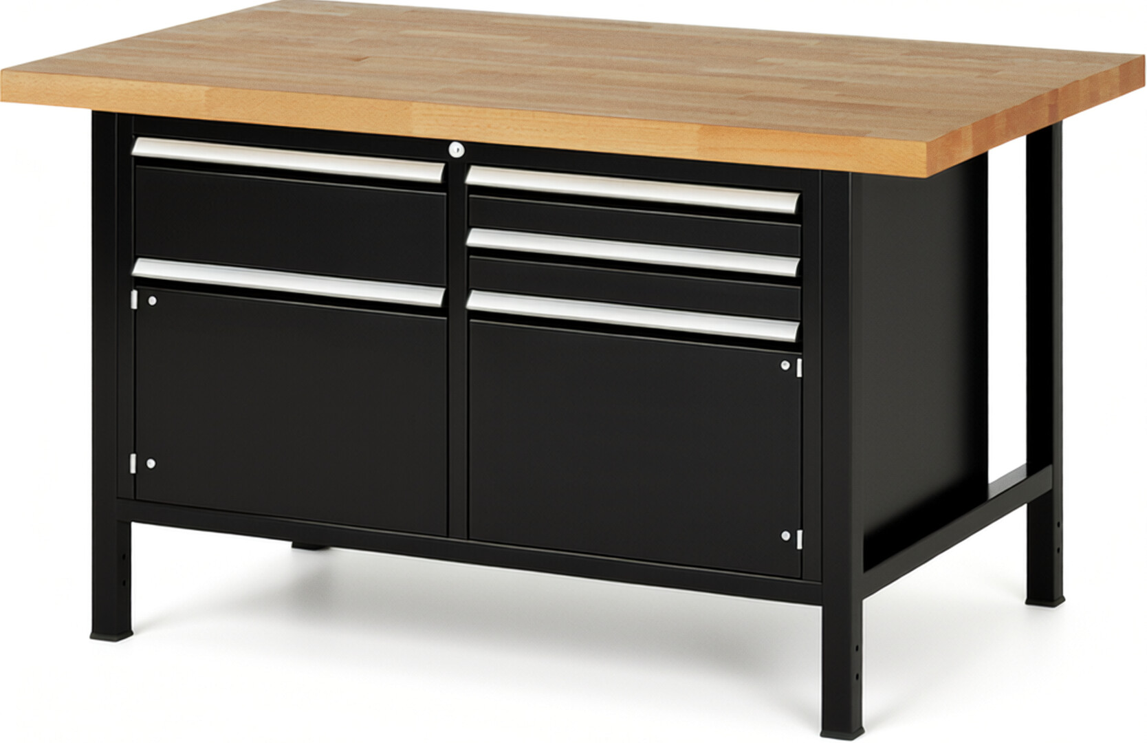 Werkbank Modell 8467 schwarz, BxTxH 1500x900x840-1040 mm,  Buche-Massiv Arbeitsplatte 40 mm,  3 Schubladen mit  Vollauszug 100 % und  SoftClosing