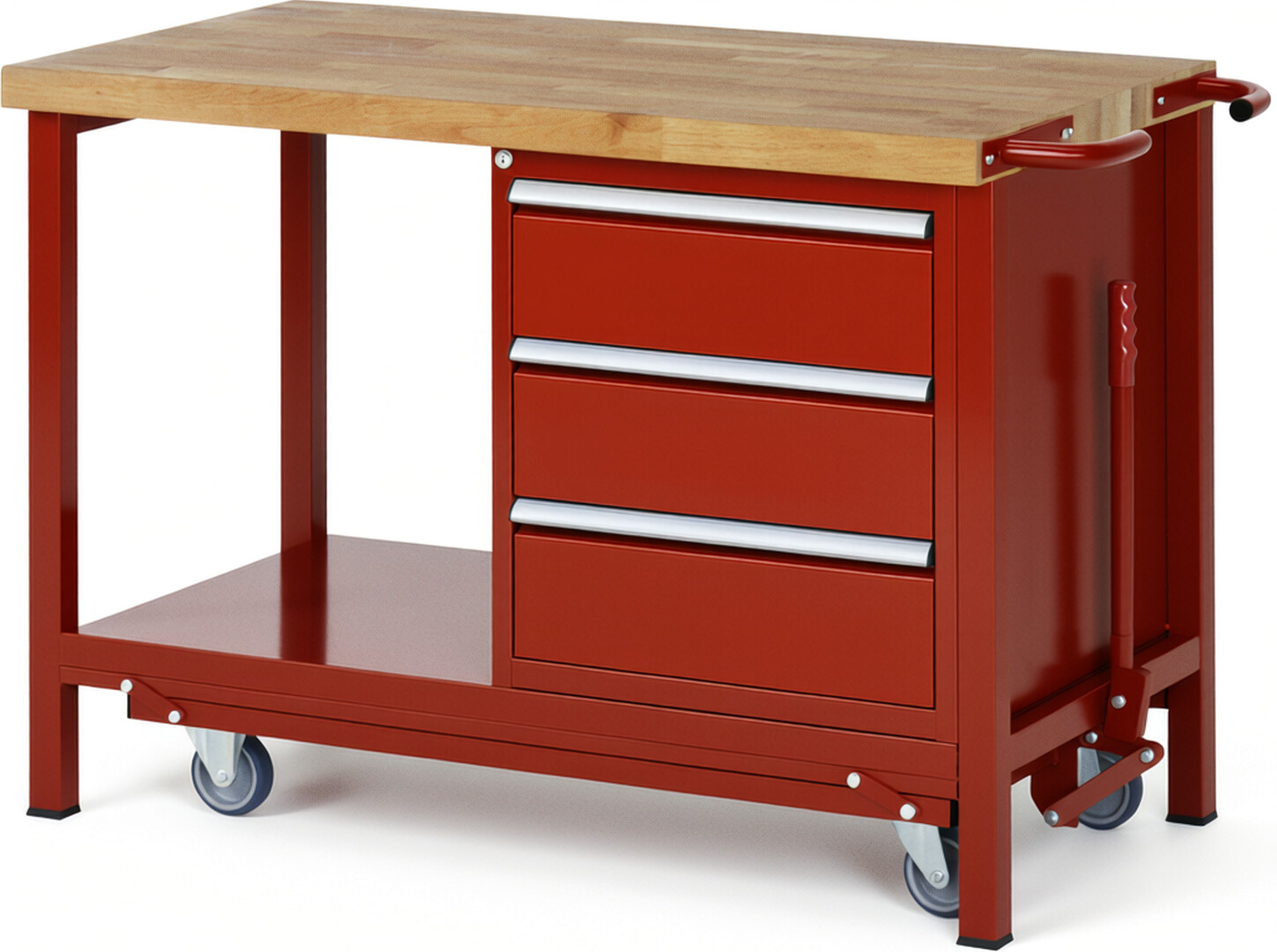 Absenkbare Werkbank Modell 8157 rot, BxTxH 1250x700x880 mm,  Buche-Massiv Arbeitsplatte 40 mm,  3 Schubladen mit  Vollauszug 100 % und  SoftClosing