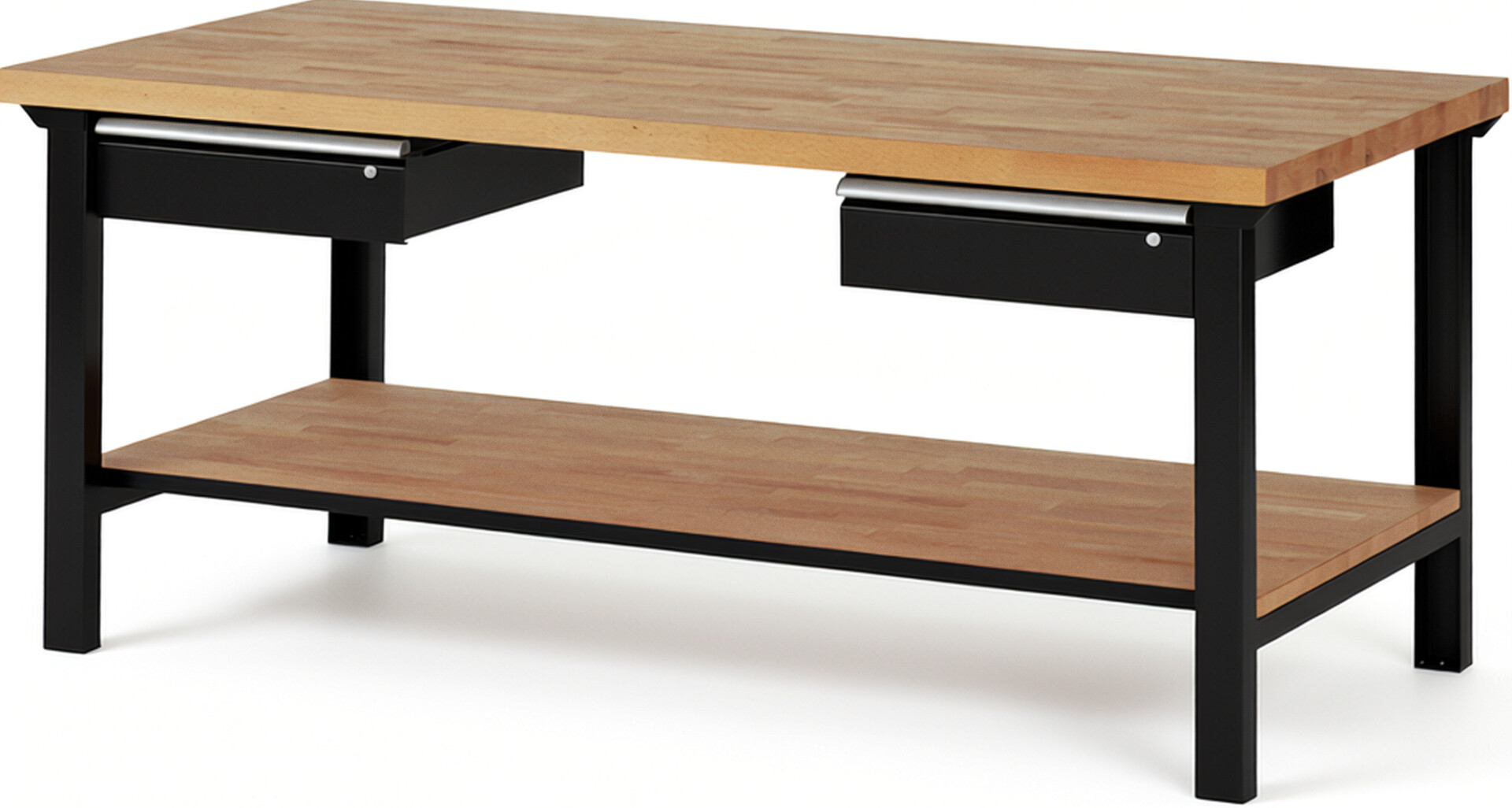 Werkbank Modell 7002 schwarz, BxTxH 2000x900x840 mm,  Buche-Massiv Arbeitsplatte 40 mm,  2 Schubladen mit  Auszug 90 %