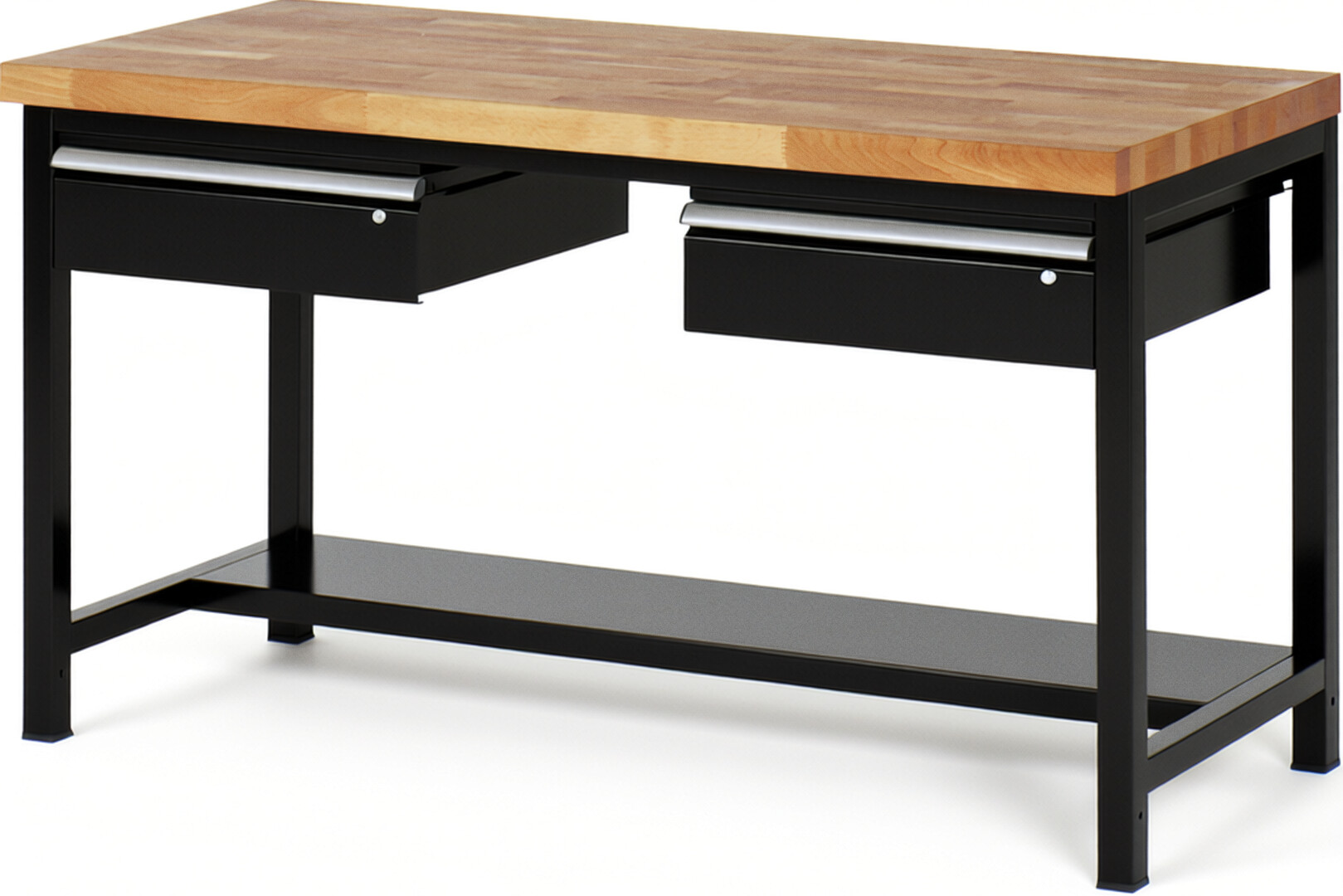 Werkbank Modell 8002 schwarz, BxTxH 1500x700x840 mm,  Buche-Massiv Arbeitsplatte 40 mm,  2 Schubladen mit  Auszug 90 %