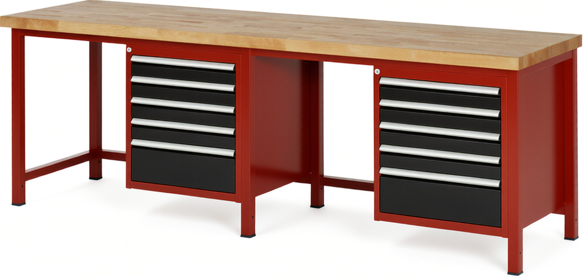 Werkbank Modell 8168 rot - schwarz, BxTxH 2500x700x840 mm,  Buche-Massiv Arbeitsplatte 40 mm,  10 Schubladen mit  Vollauszug 100 % und  SoftClosing