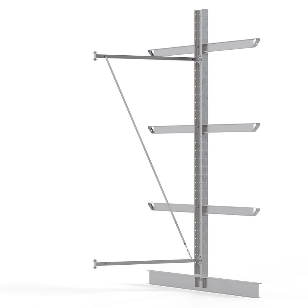 Kragarmregal KARL heavy - feuerverzinkt - Anbaufeld - Breite: 150 cm - Höhe: 350 cm - Tiefe: 258 cm - Traglast je Arm: 800 kg - doppelseitig