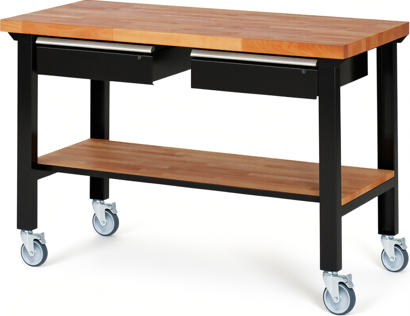 Fahrbare Werkbank Modell 7002 schwarz, BxTxH 1500x700x1000 mm,  Buche-Massiv Arbeitsplatte 40 mm,  2 Schubladen mit  Auszug 90 %