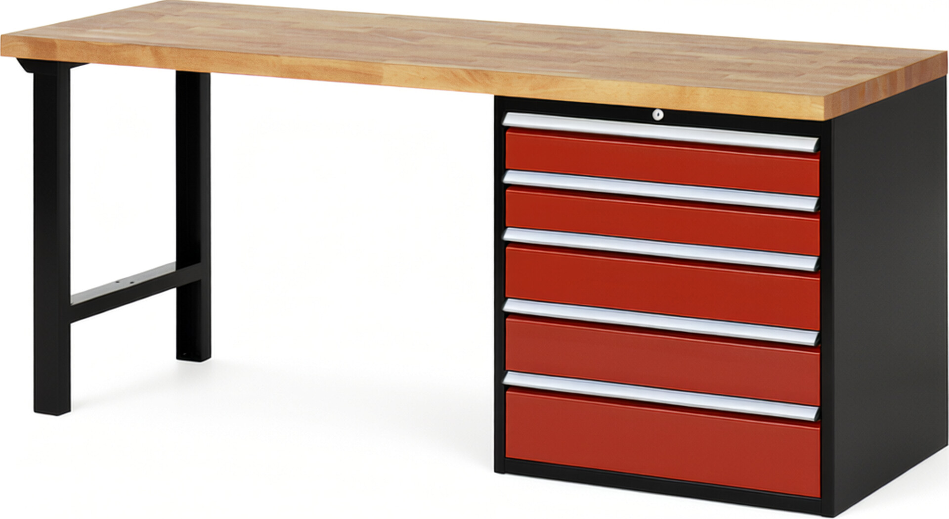 RAU Werkbank schwarz - rot - Breite 200 cm - Tiefe 70 cm - Höhe 89 cm - Buche-Massiv Arbeitsplatte 40 mm