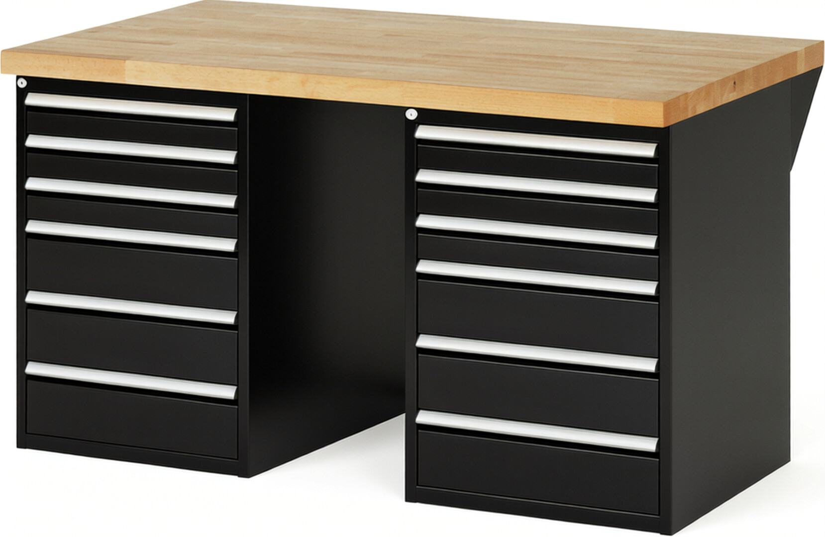 Werkbank Modell 7515 schwarz, BxTxH 1500x900x890 mm,  Buche-Massiv Arbeitsplatte 40 mm,  12 Schubladen mit  Auszug 90 %