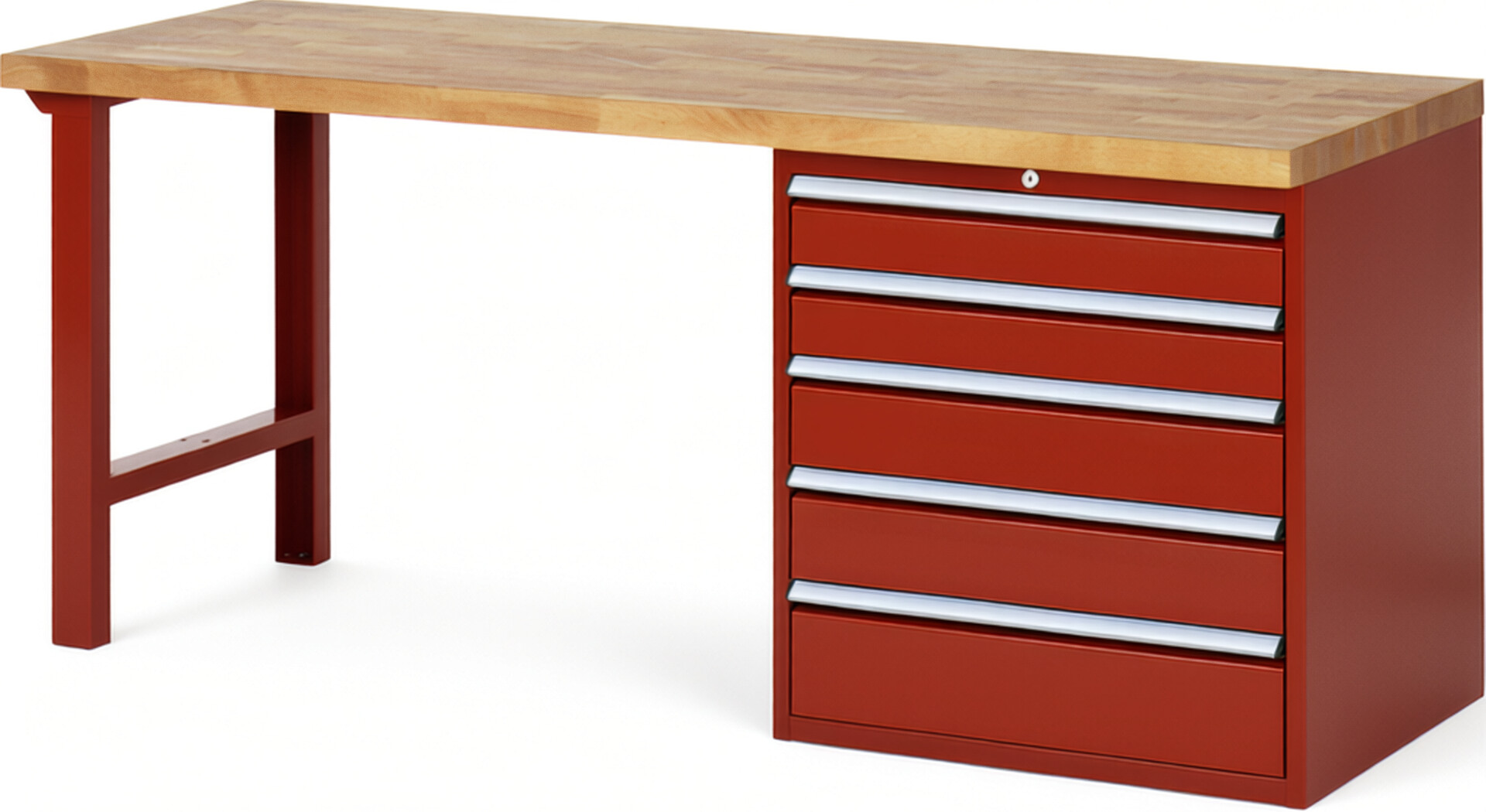 Werkbank Modell 7613 rot, BxTxH 2000x700x890 mm,  Buche-Massiv Arbeitsplatte 40 mm,  5 Schubladen mit  Auszug 90 %