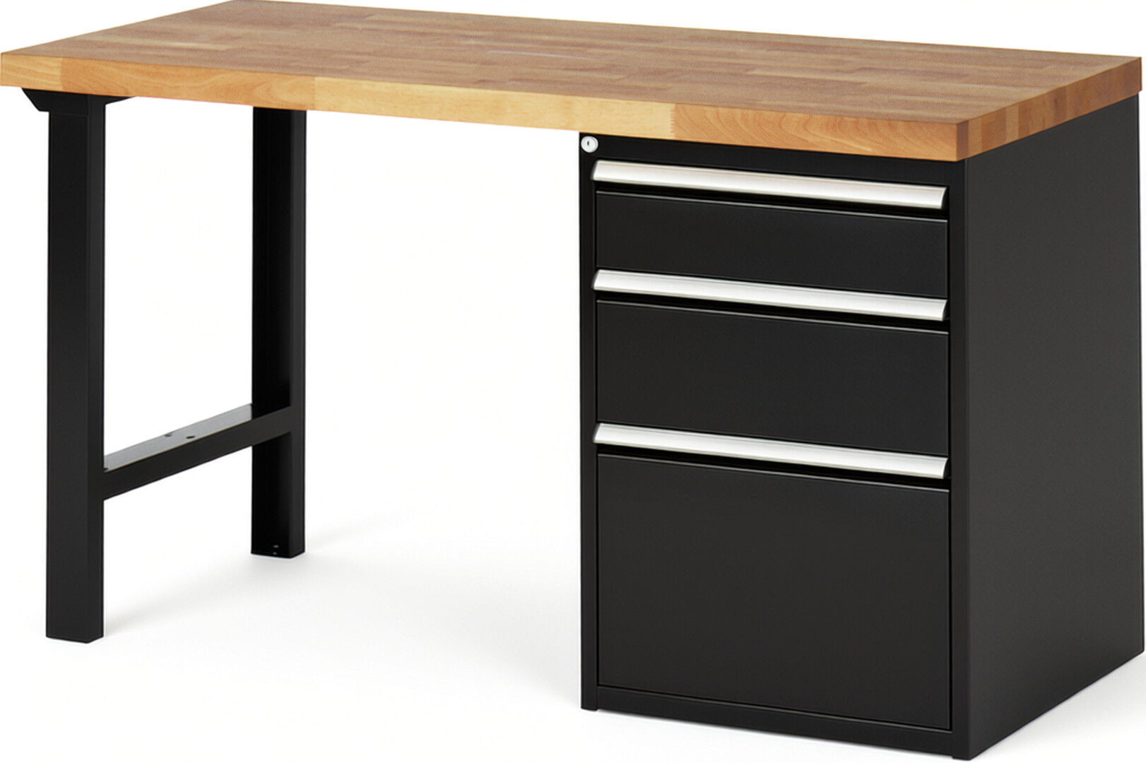 Werkbank Modell 7508 schwarz, BxTxH 1500x700x890 mm,  Buche-Massiv Arbeitsplatte 40 mm,  3 Schubladen mit  Vollauszug 100 % und  SoftClosing
