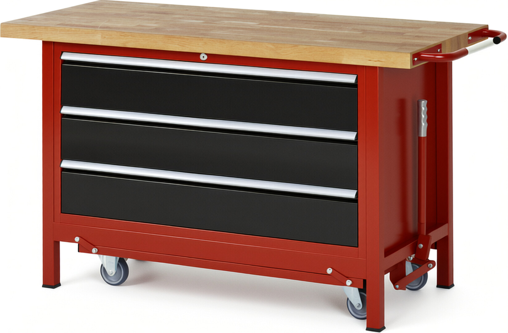 Absenkbare Werkbank Modell 8357 rot - schwarz, BxTxH 1500x700x880 mm,  Buche-Massiv Arbeitsplatte 40 mm,  3 Schubladen mit  Vollauszug 100 % und  SoftClosing