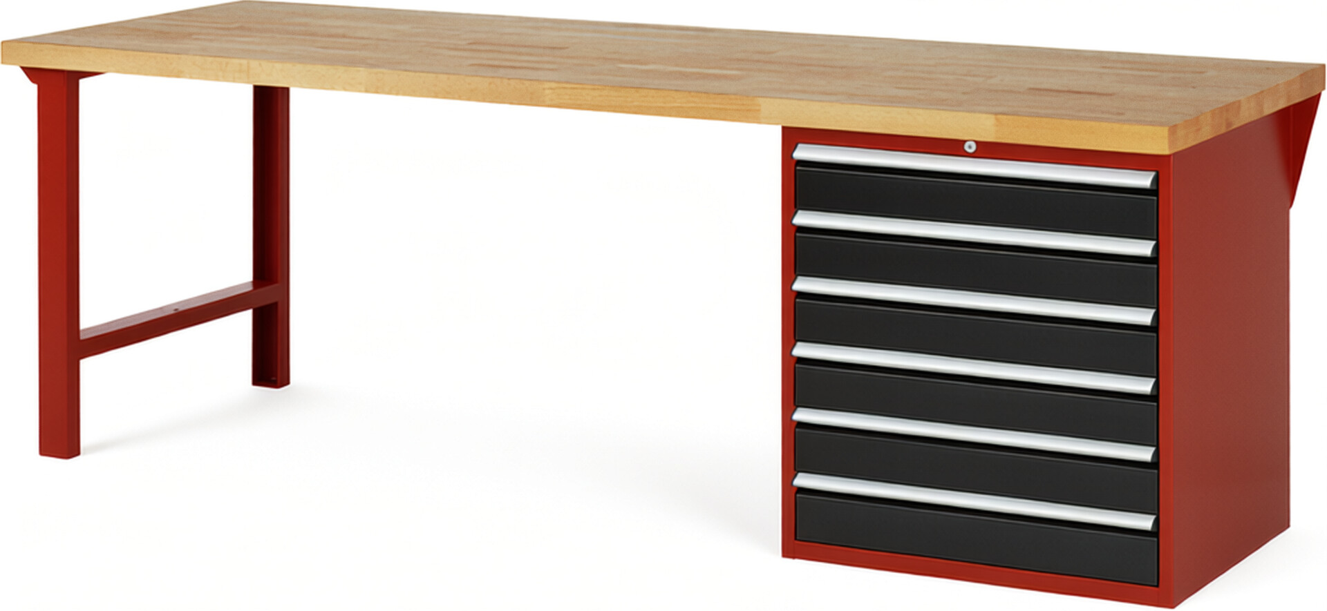 Werkbank Modell 7616 rot - schwarz, BxTxH 2500x900x890 mm,  Buche-Massiv Arbeitsplatte 40 mm,  6 Schubladen mit  Vollauszug 100 % und  SoftClosing