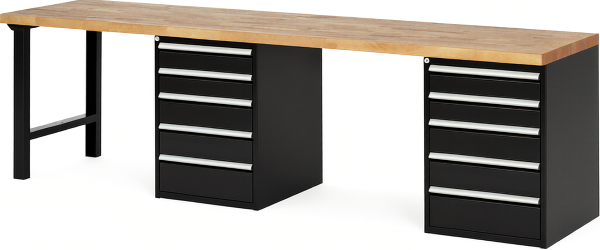 Werkbank Modell 7513 schwarz, BxTxH 3000x700x840 mm,  Buche-Massiv Arbeitsplatte 40 mm,  10 Schubladen mit  Auszug 90 %