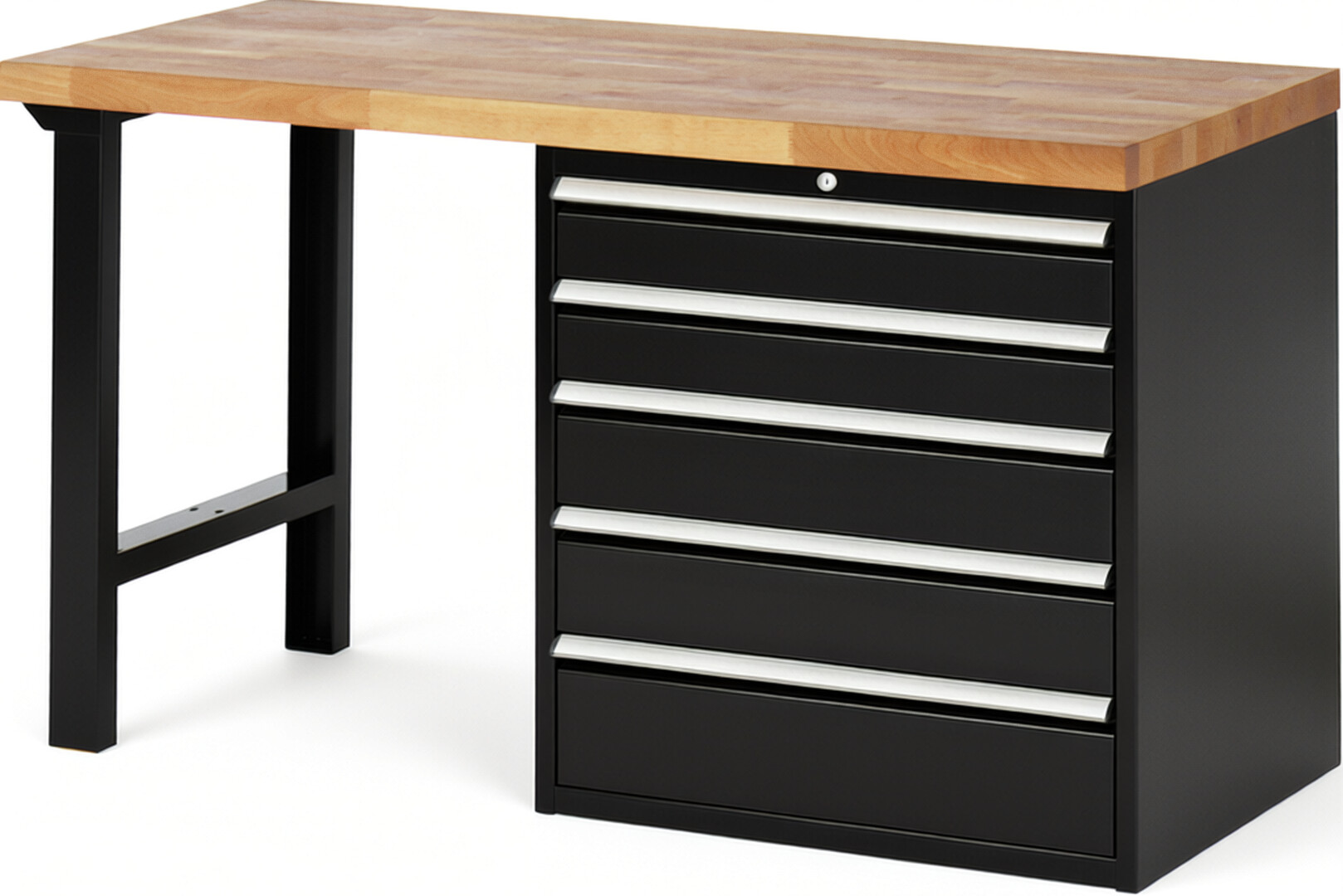 Werkbank Modell 7613 schwarz, BxTxH 1500x700x890 mm,  Buche-Massiv Arbeitsplatte 40 mm,  5 Schubladen mit  Auszug 90 %