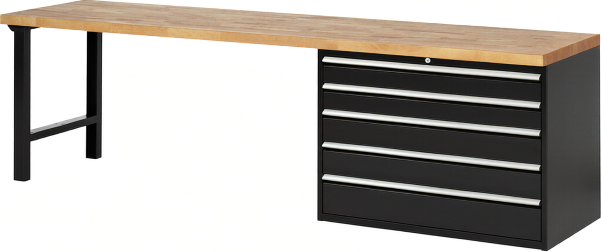 Werkbank Modell 7713 schwarz, BxTxH 3000x700x890 mm,  Buche-Massiv Arbeitsplatte 40 mm,  5 Schubladen mit  Vollauszug 100 % und  SoftClosing