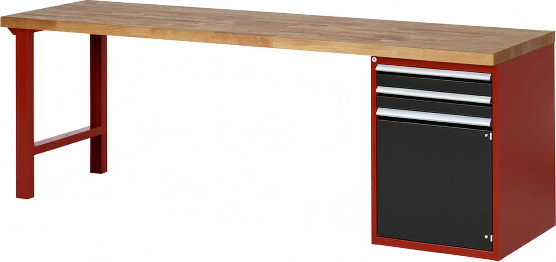 Werkbank Modell 7503 rot - schwarz, BxTxH 2500x700x890 mm,  Buche-Massiv Arbeitsplatte 40 mm,  2 Schubladen mit  Auszug 90 %