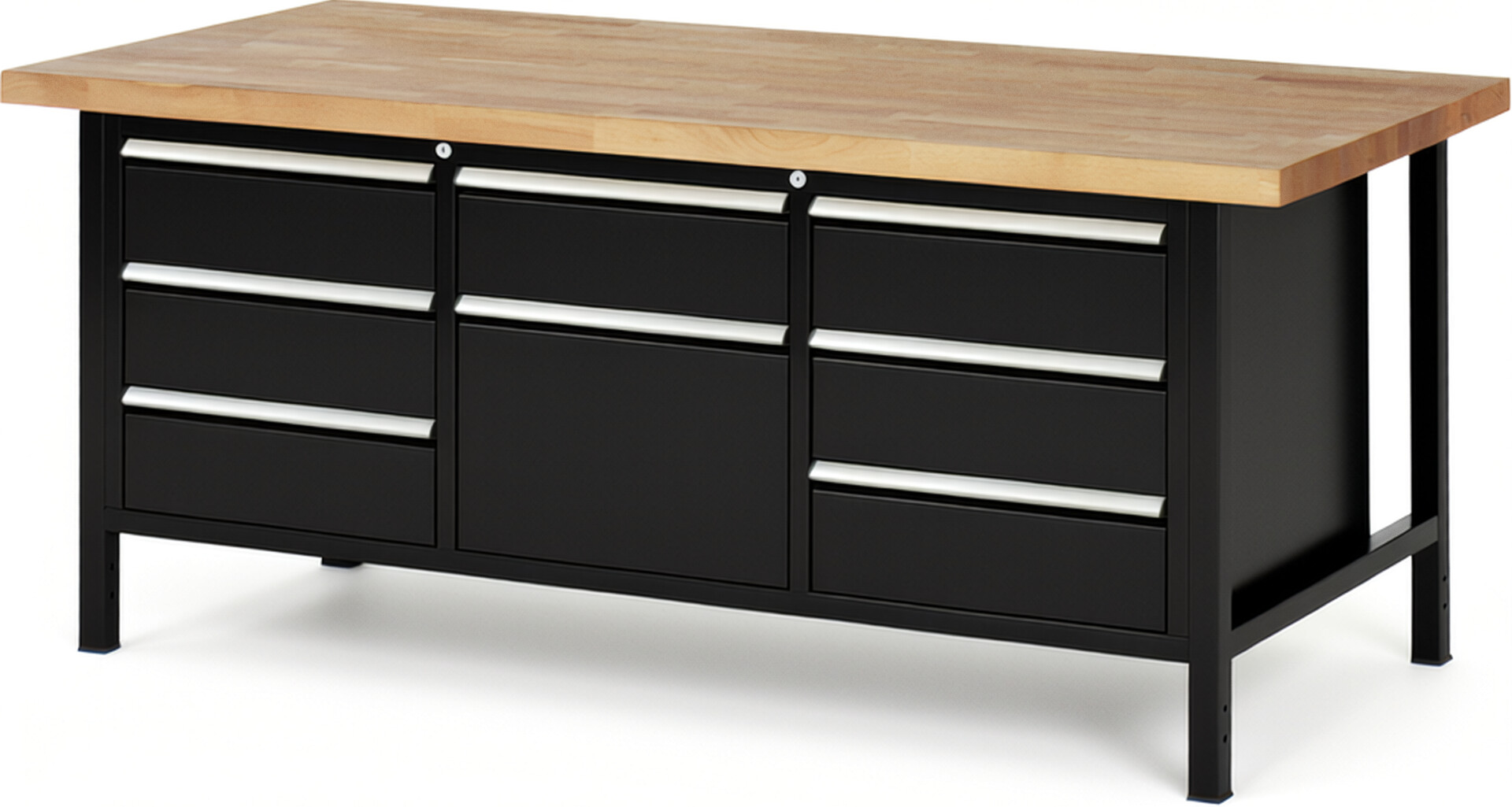 Werkbank Modell 8571 schwarz, BxTxH 2000x900x840 mm,  Buche-Massiv Arbeitsplatte 40 mm,  8 Schubladen mit  Auszug 90 %