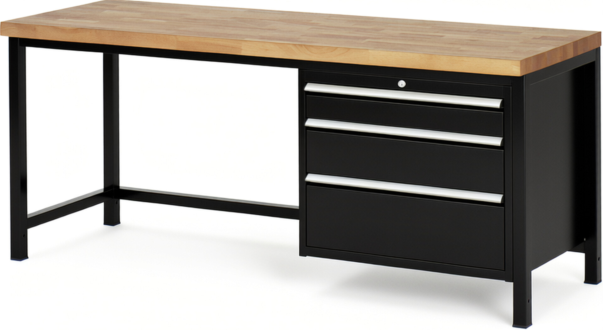 Werkbank Modell 8259 schwarz, BxTxH 2000x700x840 mm,  Buche-Massiv Arbeitsplatte 40 mm,  3 Schubladen mit  Auszug 90 %