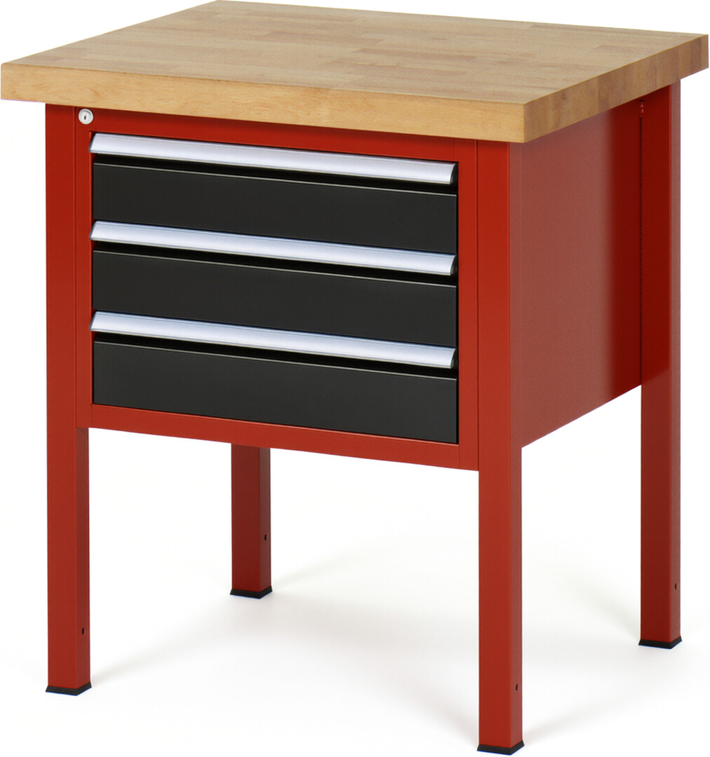 Werkbank Modell 8127 rot - schwarz, BxTxH 750x700x840-1040 mm,  Buche-Massiv Arbeitsplatte 40 mm,  3 Schubladen mit  Auszug 90 %